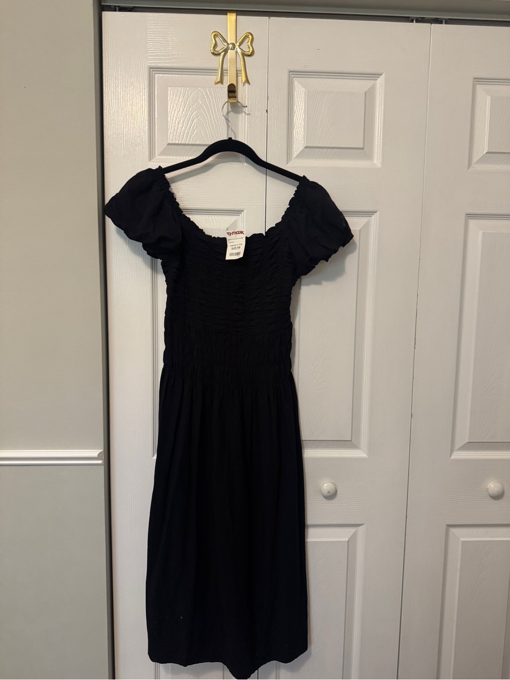 Black Puff Sleeve Smocked Midi Dress - Kourt